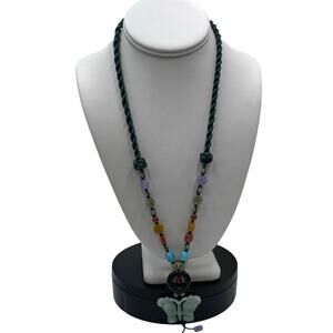 Jadeite Butterfly Carnelian Turquoise Beaded Hand Knotted Green Cord Necklace